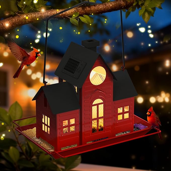 Solar Bird Feeders for Outdoors Hanging,Metal Cardinal Bird House Feeder with Solar Powered Lantern Light,Wild Cardinal Birdfeeder Waterproof Decor for Garden Yard Outside,Gift for Grandma Mom