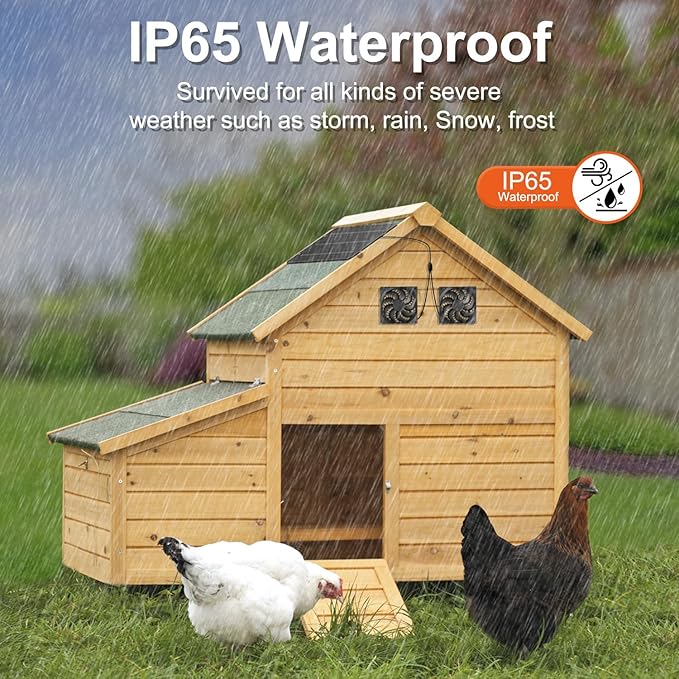 Solar Powered Fan Kit 12.6 Inch IPX7 Weatherproof, 15W Solar Panel with 2 Waterproof Fans, Intake or Exhaust Air Fan for Outside Backyard Chicken Coops, Greenhouses, Doghouse
