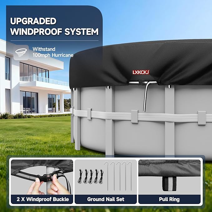 LXKCKJ 18FT Pool Cover for Above Ground Pool, Round 420D Solar Oxford Tarp | 100MPH Windproof with 2 Buckles and & Weight Rings, 634N Tear-Resistant, Waterproof 10000PA, UV Protection, Cuts Evaporation