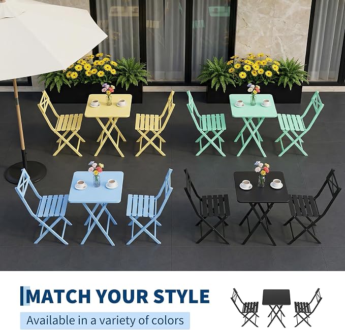 GarveeTech 3-Piece Folding Bistro Set, Heavy Duty Outdoor Patio Furniture with 2 Chairs & 1 Table, Weather-Resistant Steel Frame, No Assembly Required for Garden, Yard, Balcony,Black