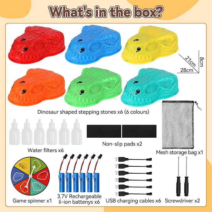 FIIOEOY 6 Pcs Dinosaur Stepping Stones for Kids, Light up Mist Spray & Roaring Non-Slip Balance Stepping Stones with 6 Rechargeable Batteries, Indoor & Outdoor Toys for Toddlers Ages 3-5