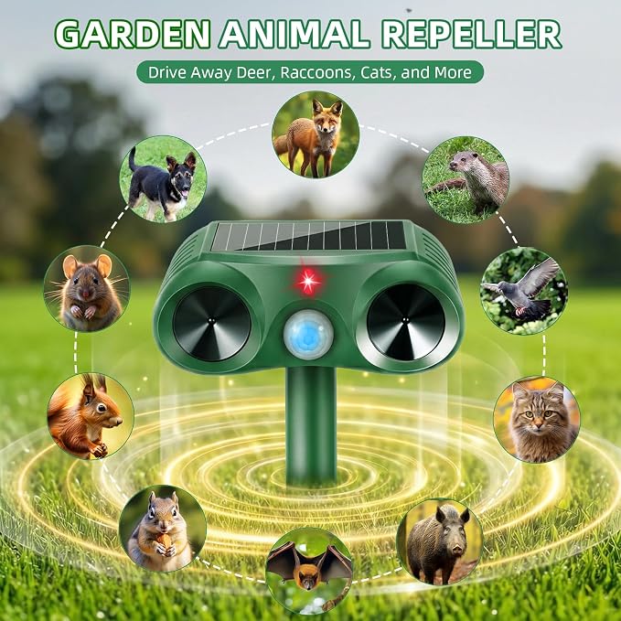 2026 Upgraded Solar Ultrasonic Animal Repellent Sonic Deer Repellent Devices Cat Deterrent Outdoor with Motion Sensor to Keep Raccoon Squirrel Rabbit Dog Away from Yard Lawn Garden 4 Pack