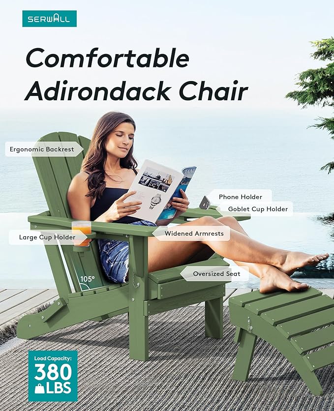 SERWALL Adirondack Chair with Cup Holders - Composite Adirondack Chairs Set of 4 HDPE Outdoor Chairs All Weather Use- Avocado