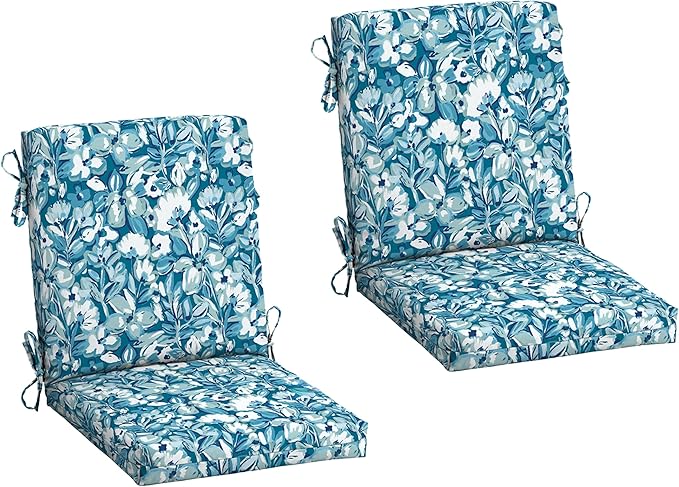 Arden 2-Pack Outdoor Patio Dining Chair Cushion, 20x44, Rain-Proof Seat Pad, Fade-Resistant Outdoor Cushion Aqua Blue Fusion Floral