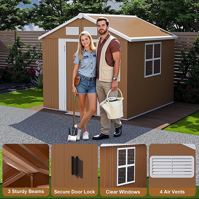 YOPTO 6X4 FT Heavy-Duty Metal Storage Shed with Windows,Waterproof Sheds & Outdoor Storage w/Rolling Door Lockable Door & Ventilation,Tool Organization,Sloped Roof,4-Season Ready,Brown
