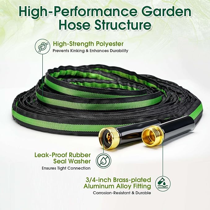 Aterr Garden Hose 75ft, Lightweight Flexible Water Hose with 10 Pattern Nozzle, Durable Hose, Solid Aluminum Connectors, Leak-Resistant for Yard Lawn Car Washing, (Green)