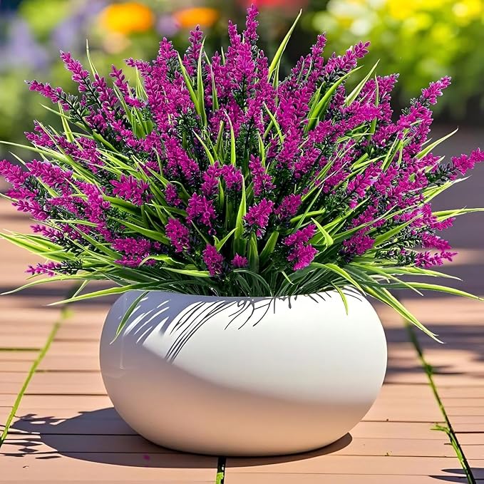 Geegoods Artificial Lavender Flowers for Outdoor - 24 Bundles UV Resistant Faux Fuchsia Plants with Monkey Grass, Realistic Plastic Flowers for Garden Porch Window Box Patio Hanging Planter Decor