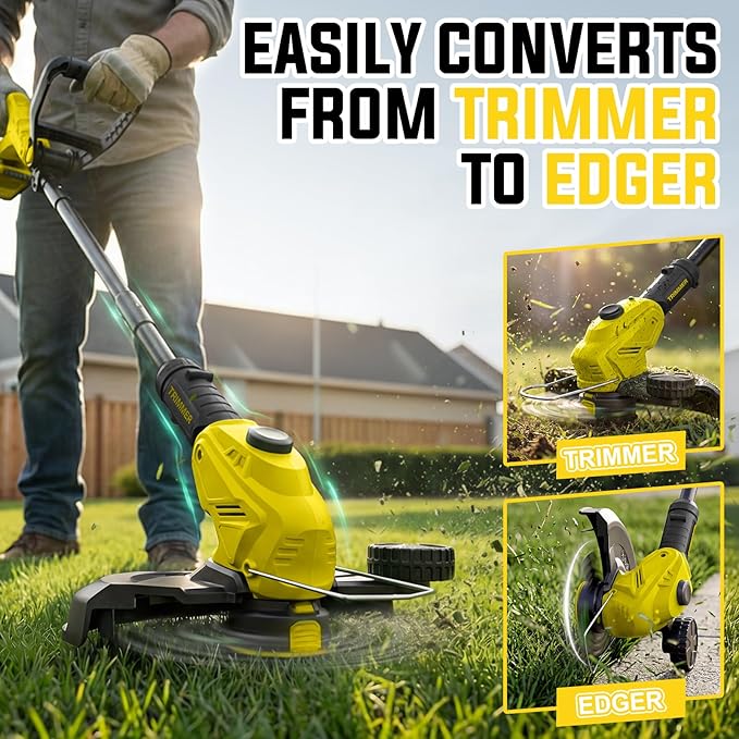 Cordless Weed Wacker, 21V Battery Powered Grass Trimmer & Edger 2-in-1, Electric Weed Wacker with 2 × 2.0Ah Batteries and 8 × Spare Spools, Lightweight Edger Lawn Tool for Yard & Garden