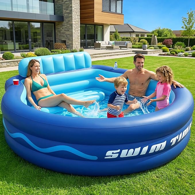 Inflatable Pool with Seats and Headrest,Oversized Thickened Large Blow Up Pool for Audlt,Inflatable Backyard Pools for Adult,Durable Swim Center Inflatable Family Lounge Pool 90"×90"×20"-Navy