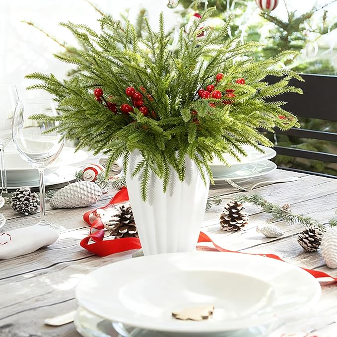 Watayo 45 Pcs Christmas Norfolk Pine Branches with Red Berry Stems, 14" Artificial Greenery Norfolk Pine Stems Sprigs, Fake Foliage Pine Needles Picks for DIY Craft Garland Home Decoration