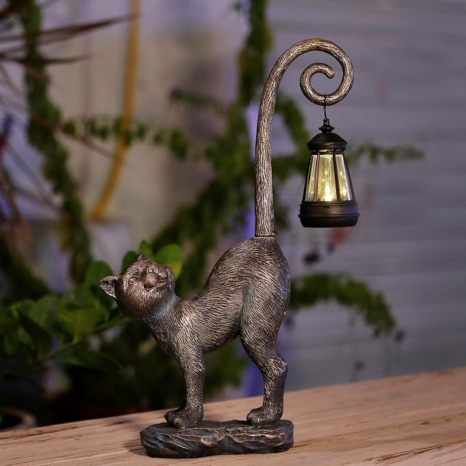 Fathers Day Decorations Gifts Outdoor Cat Garden Statues with Solar Lights, Home Decor Cat Figurines for Lawn,Patio,Balcony,Porch,Yard Art Ornament- Birthday Gifts for Women Grandma Sister