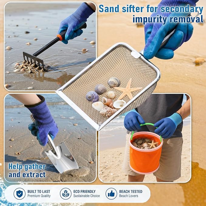 Sand Flea Rake Set with Handle, Shark Tooth Sifter & Mesh Scoop, Stainless Steel Beach Sand Sifter Kit with 5-Tooth Rake, Glvers & Foldable Bucket for Collecting Sand Fleas, Shells & Cleaning Coops