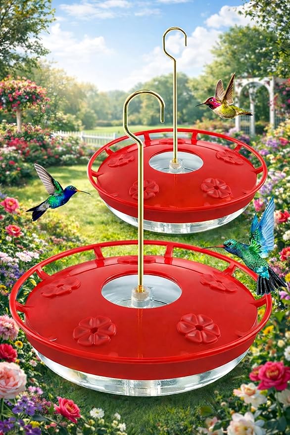 FEED GARDEN Hummingbird Feeders for Outdoors, 2 Pack 16oz Leak-Proof Disc Feeder with Built-in Ant Moat, 5 Feeding Ports, Wide Mouth Easy Clean, BPA-Free Plastic for Garden Patio Backyard