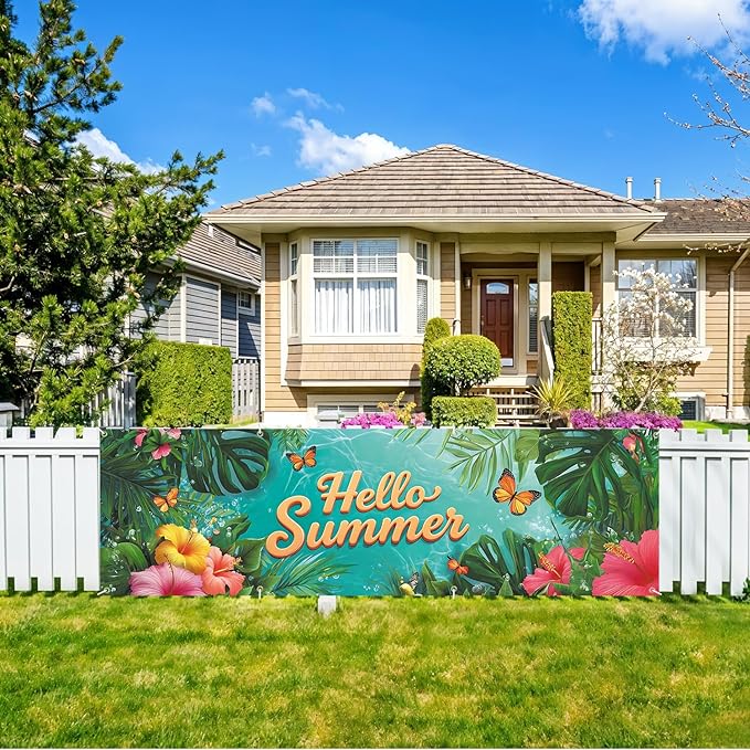 10x3 ft Extra Large Summer Banner Outdoor 115''x35'' Hello Summer Banner for Fence Outside Garden Large Flower Banners Yard