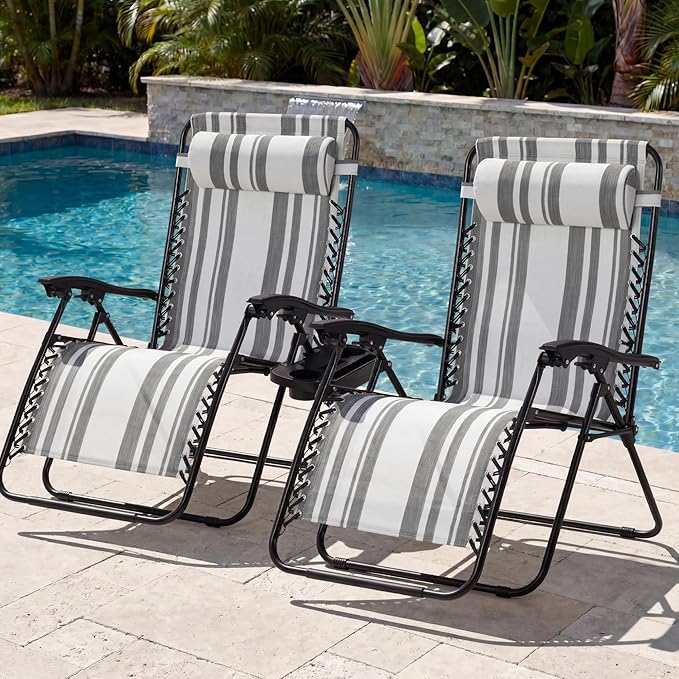 Best Choice Products Set of 2 Extra Wide Adjustable Steel Mesh Zero Gravity Lounge Chair Recliners w/Pillows and Cup Holder Trays - Gray Stripes