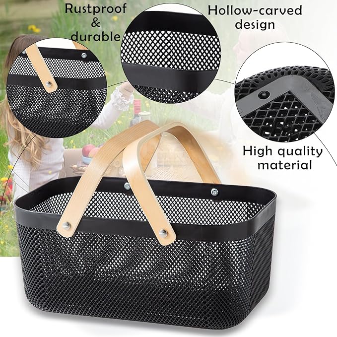 Nexboraque 2 Pack Plastic Picnic Baskets, Mesh Harvest Basket with Foldable Wooden Handle, Rectangle Fruit Vegetable Storage Organizer Bins for Gathering, Kitchen, Pantry, Black