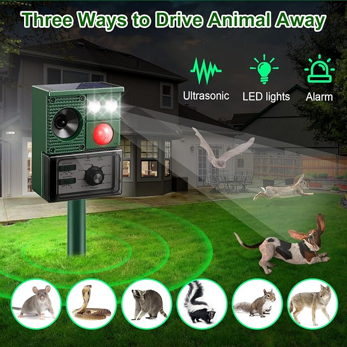 Solar Ultrasonic Animal Repellent, 2026 Upgraded Cat Repellent Outdoor with Motion Sensor & Flash Light, Waterproof Deer Raccoon Squirrel Rabbit Dog Skunks Deterrent for Farm, Garden, Lawn
