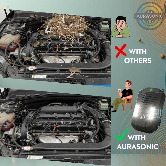 Aurasonic 2026 Upgraded Ultrasonic Rodent Pest Repellent for Car Engine - Under Hood Mouse Repeller Traps Double Flash Light Keeps Rats & Mice Away from Vehicle Automobile Truck Garage Attic - 2 Pack