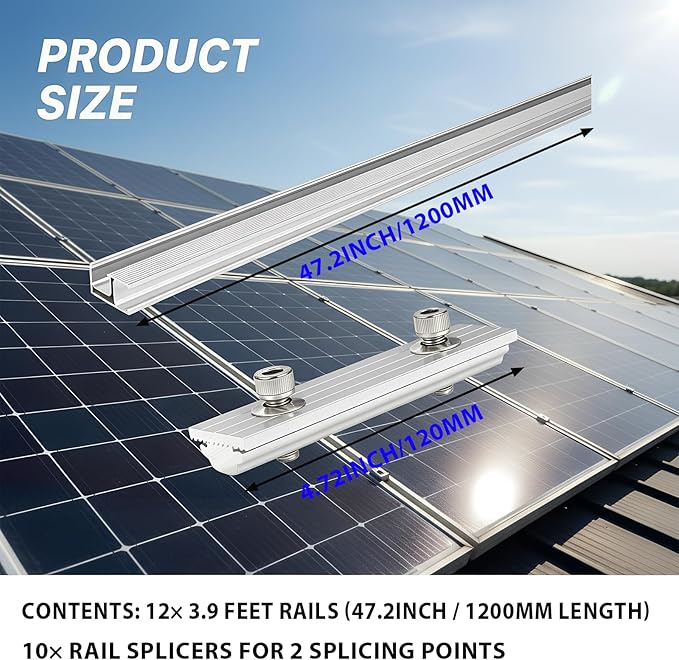 Solar Panel Mounting Rail Kit for 7 x 320W Panels, Includes 12 x 47.2 Aluminum Rails, Adjustable Clamps, L-Brackets & Wire Clips, Heavy Duty Racking for Metal, Tile, Shingle Roof