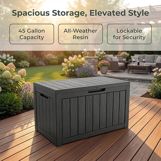 NicBex 45 Gallon Deck Box, Waterproof Resin Outdoor Storage Box Lockable for Patio Furniture, Fade Resistant Patio Side Table & Organizer for Garden Tools, Pool Floats, Outdoor Cushions, Black