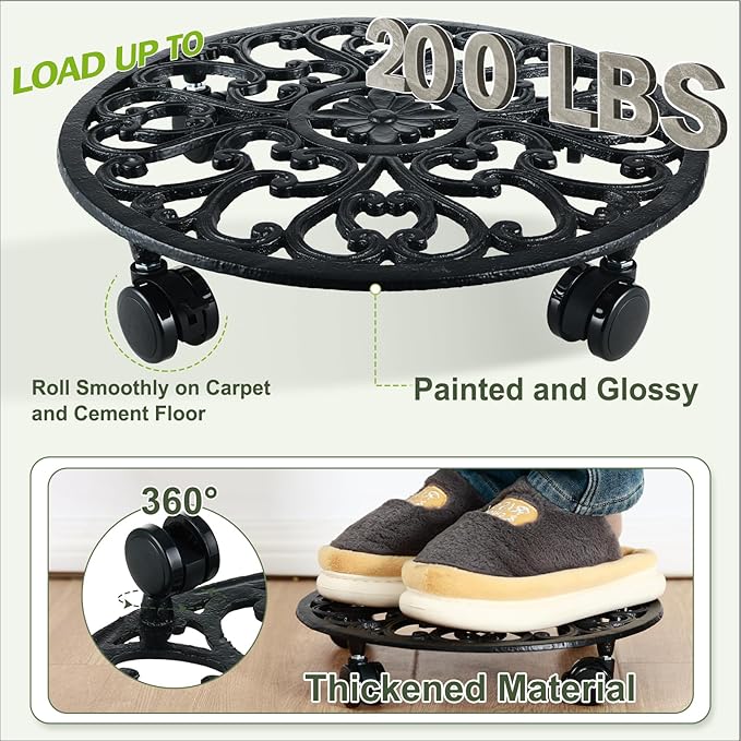 14 Inch Rolling Plant Stand with Wheels Metal Plant Caddy with Wheels Heavy Duty Round Plant Stand Indoor Iron Plants Rollers for Plants, Plant Dolly Planter on Wheels 1 Pack