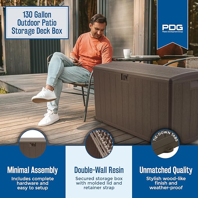 Plastic Development Group Outdoor Storage Deck Box, Soft Closure, 130 Gallon, Java