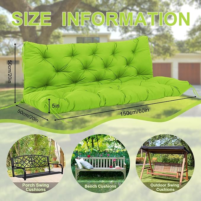 Extra Thick 5" Waterproof Porch Swing Cushions Outdoor 60 inch Swing Cushions 3 Seater Replacement with Backrest and Ties for Outdoor Furniture Patio Bench Garden (Green)