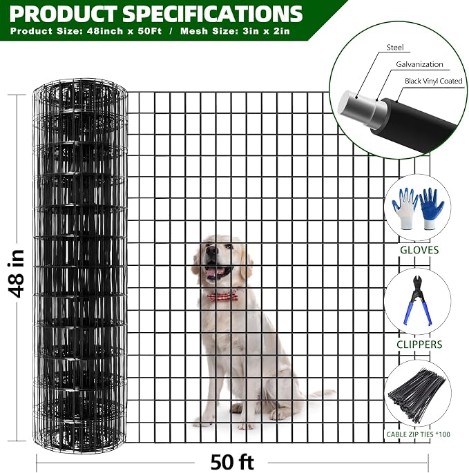 GILPWA Welded Wire Fence, 50ft(L) x 48inch(H) Garden Fence for Dog, 2 Inch x 3 Inch 16GA Fencing for Chicken, PVC Coated Anti-Rust Roll Metal Wire Mesh Fence for Yard Vegetable, Black
