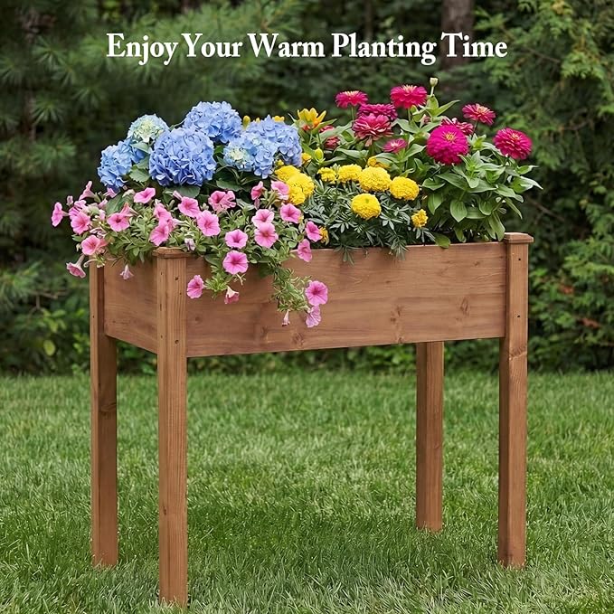 DUMOS Raised Garden Bed with Legs, 34x18x30 Inch Planter Box Outdoor with Liner for Herbs Flowers Vegetables, Elevated Wooden Garden Bed for Patio, Balcony and Backyard, Brown