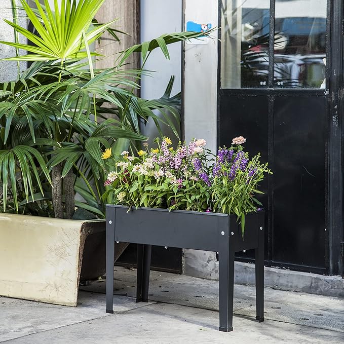 Piksedo Raised Garden Bed, Elevated Planter Metal Plant Box with Legs Standing Garden Stand Drainage Holes Frosted Black