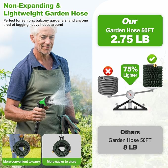 Garden Hose 50ft, Non-Expanding Flexible Hose with 10 Function Nozzle, Lightweight, Kink Free, Sturdy, Leak-Proof, Portable, Water Hose 50ft for Outdoor, Yard, Lawn, Car Wash and Camper Use