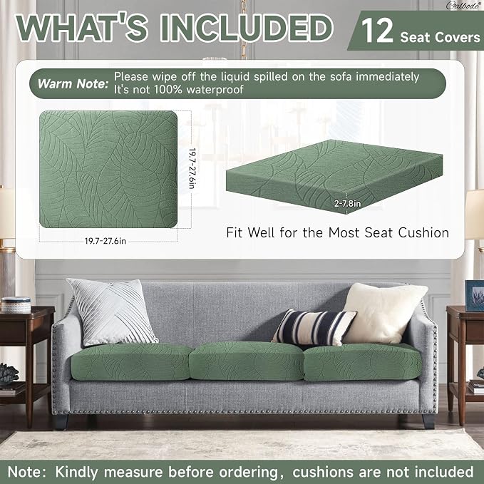 CALBODE 12Pcs Stretch Couch Cushion Covers, Water Resistant Outdoor Sofa Cuhsion Cover Replacement,Washable Outdoor Patio Chair Seat Cushion Covers for Furniture Protect (Sage Green, Leaf Textured)