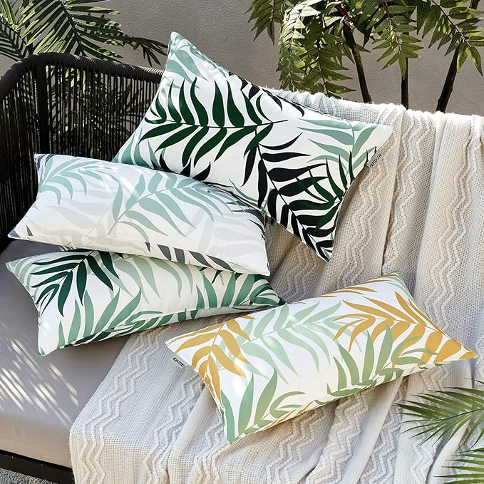 MIULEE Pack of 2 Decorative Outdoor Waterproof Throw Pillow Covers Patio Pillow Cases Natural Leaves Pattern Spring Square Cushion Shams Shell for Garden Balcony Couch 12x20 Inch, Green&Yellow