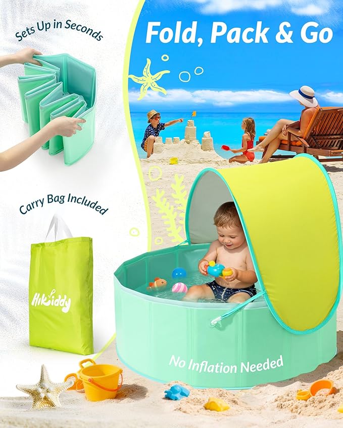 Hikiddy Foldable Kiddie Pool with Canopy: 31.5in/ 47in /63in for Baby Toddler Kids Family - Summer Water Play Pool with Shade - Portable for Outdoor Backyard Beach (Lemon & Mint, 31.5in)