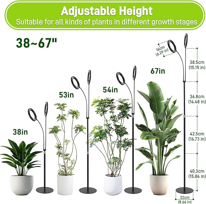 Grow Lights for Indoor Plants,Double Head Full Spectrum LED Plant Light with Stand,6 Dimmable Levels & 3 Lighting Modes, Auto On Off Timer 3/9/12H, 38-67 inches Adjustable Height, Black