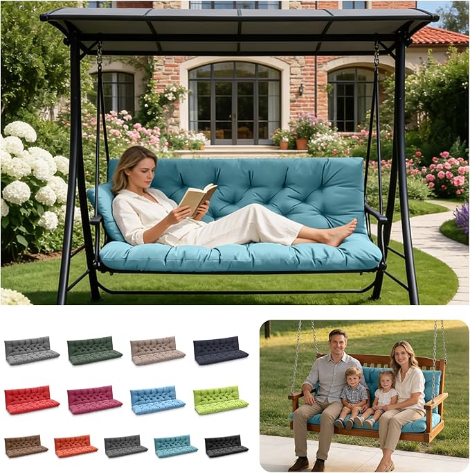 Porch Swing Cushions, Outdoor Swing Replacement Cushions 3 Seater with Backrest, Waterproof Bench Cushion with Ties,for Patio,Porch, Garden,Backyard