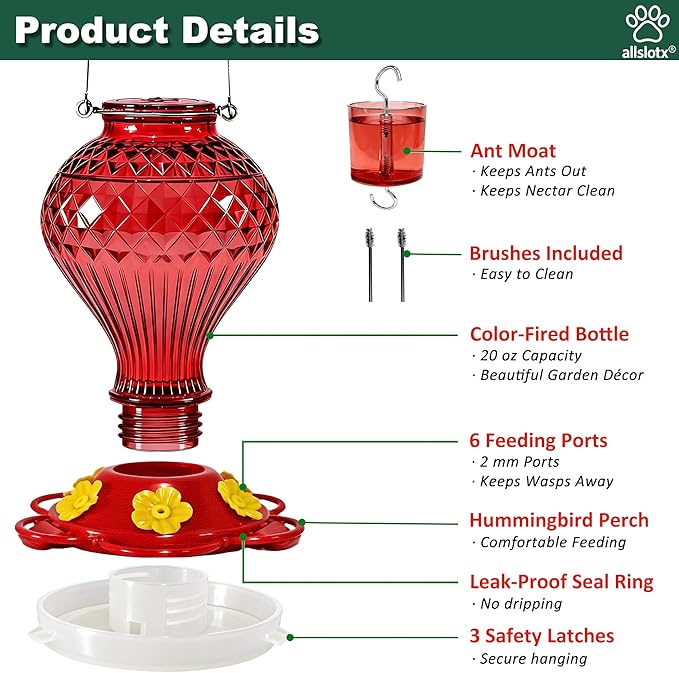 Glass Hummingbird Feeder for Outdoors Hanging, 20 oz Nectar Capacity, 6 Feeding Ports, Leak-Proof Rust-Free Plastic Base, Easy to Refill & Clean, Decorative Red Glass Bird Feeder for Garden Patio