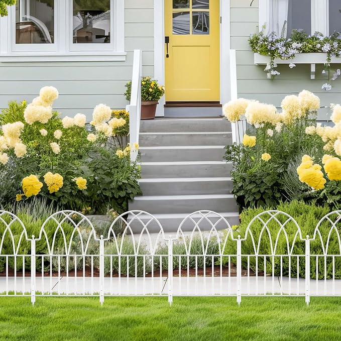 Garden Fence Panels - 17 in(H) x 10.56ft(L) White Metal Fence No Dig Decorative Fence with Stakes Animal Barrier Fence for Dogs, Flower Bed Edging Wire Border for Yard, Patio, Outdoor Decor