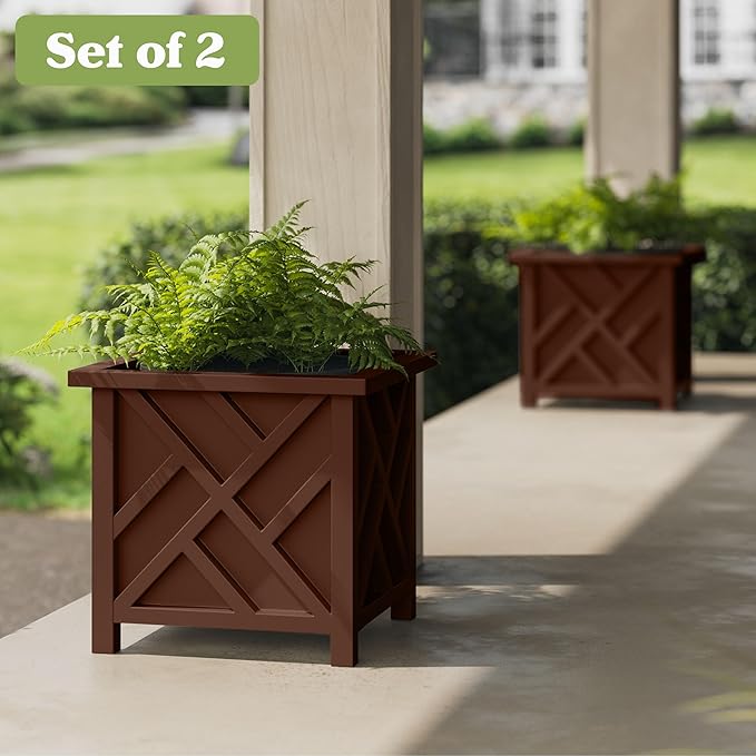 Lattice Design Outdoor Planter Box 2-Pack - 15.5” Square 16.5” Tall Brown Decorative Plant Pots for Front Porch Decor - Flower Pots Outdoor Planters for Porch Patio or Garden Decor by Pure Garden
