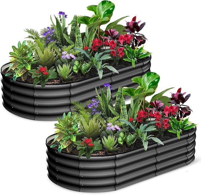 GarveeLife 2 Pcs 6x3x1 ft Oval Raised Garden Bed, Galvanized Raised Beds,Open-Ended Base Metal Raised Planter Beds,Garden Bed Outdoor,Planter Raised Boxes for Vegetables, Flowers,Tool-Free Asse,Gray