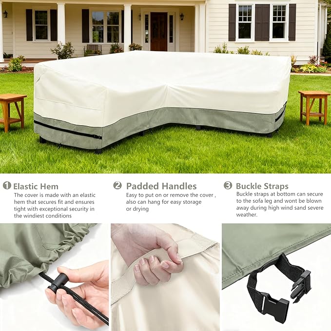 okcool Outdoor Sectional Cover,V Shaped Patio Furniture Covers for 5-Seater Outdoor Sectional Furniture Couch 85"(85''L) x 33.5''D x 31''H,White&Grayish Green