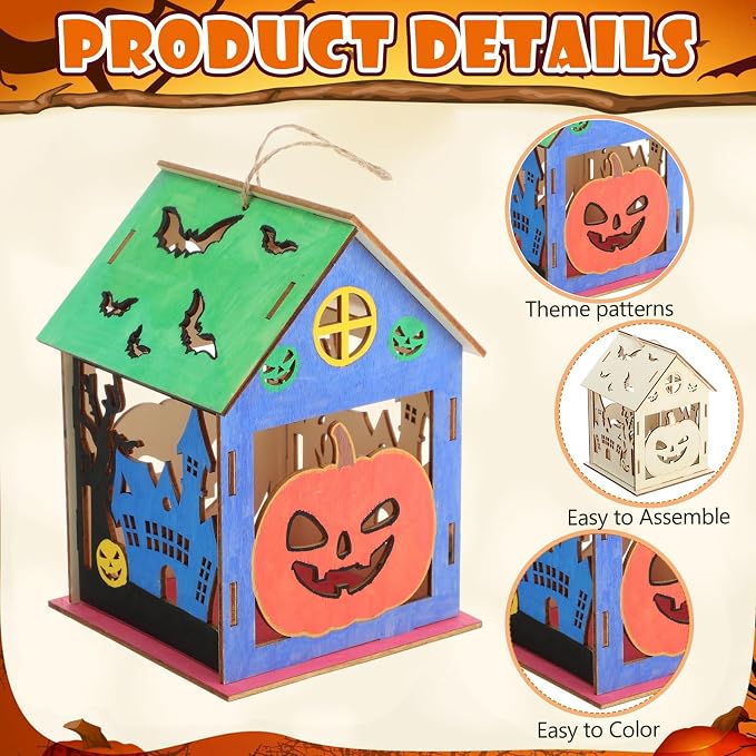 DoubleFill 36 Set Halloween Bird House Kits, Buildable DIY Birdhouse for Children, Wooden House, Arts and Crafts Set for Kids Adults Painting Halloween Party Decoration