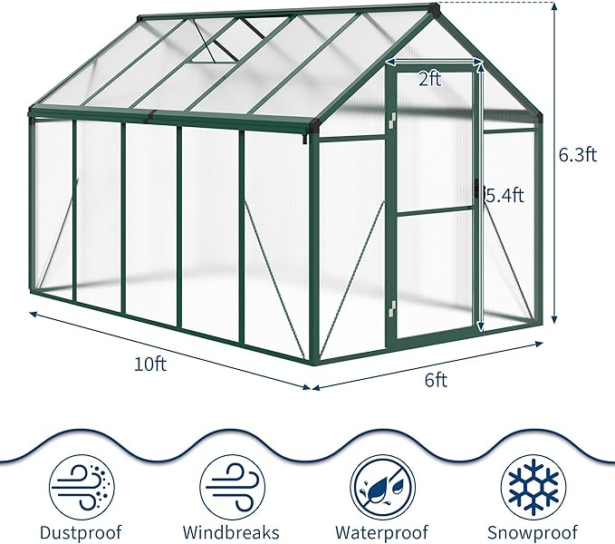6x10 FT Greenhouse for Outdoors, Polycarbonate Greenhouse with Roof Vent, Ground Nails, Lockable Push Door, Aluminum Large Walk-in Green House for Outside Garden Backyard, Patio, Lawn, Green