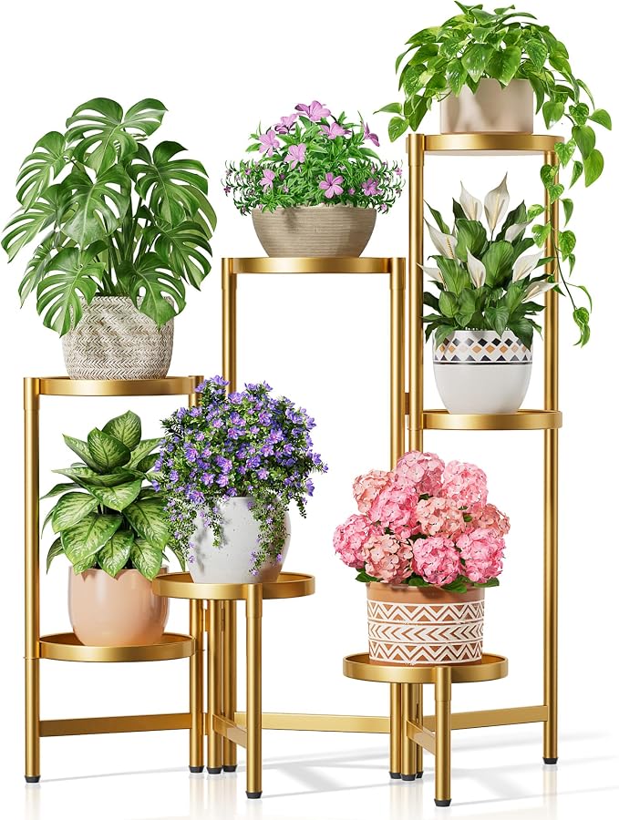 Stand Plants Gold, 7 Tiered Corner Plant Stand Indoor Outdoor, Tall Folding Rack with Rust Proof 7.9 Inch Wide Tray, Heavy Duty Flower Shelf for Multiple Plants for Patio - GoldDisk