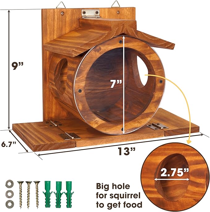MIXUMON Wood Squirrel Feeder, Squirrel Feeders for Outside Winter, Wooden Chipmunk Feeder for Corn, Peanuts, Durable Box Easy to Fill with The Roof Can Be Opened