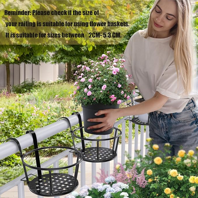3PCS Railing Planter Holders, Compatible with 1"-2.08" Wide Railings | 3 PCS Railing Hanging Planter Holders, Round Balcony Metal Flower Pot Stand with Base, Easy for Hanging and Moving.