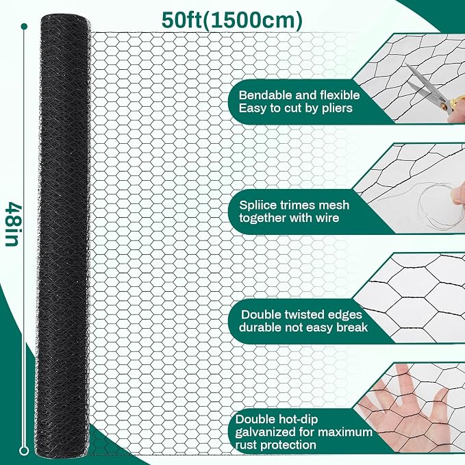 GlikCeil 48 in x 100 ft Chicken Wire Fencing Metal Floral Chicken Wire Mesh for Crafts Poultry Garden, 1 Inch Hexagonal Galvanized Hardware Cloth Netting for Poultry Coop Barrier Rabbit Cage(Black)