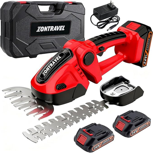 Cordless Hedge Trimmer-24V Electric Shrub Trimmer Grass Shears Handheld Grass Cutter, Hedge Shear with 2 PCS Rechargeable Battery, Charger and Toolbox to for Garden, Lawn, Red