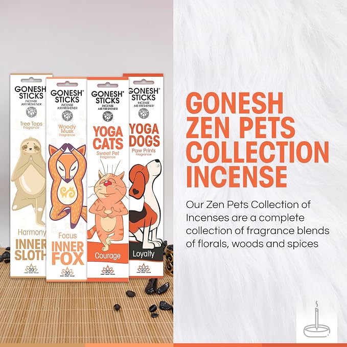 Gonesh Zen Pet Collection - Incense Sticks Variety Pack - Non-Toxic 10” Slow Burn Aromatic Sticks - Sweet Pet, Woody Musk, Paw Print, Tree Tops - 20 Sticks Each