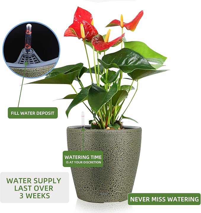 Dexceder 15x14 Self Watering Planter with Wheels (Black Gold Crackle) | Inner Pot Design, Thickened Large Floor Standing Flower Plant Pot with Water Level Indicator Indoor Outdoor